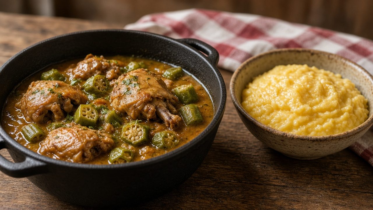 Panela de ferro com pedaços de frango caipira ensopados com rodelas de quiabo em caldo dourado, ao lado de uma tigela de cerâmica com angu amarelo, sobre mesa de madeira e pano xadrez vermelho e branco.