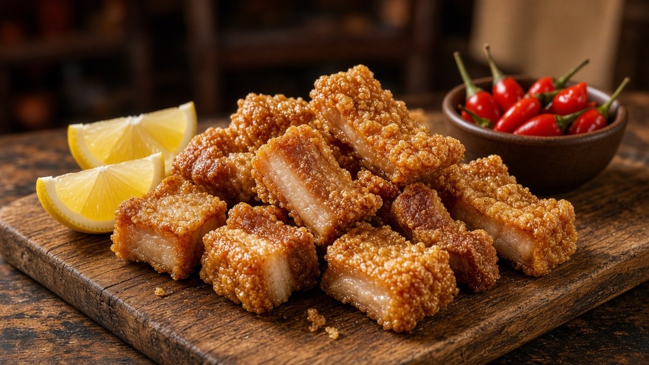 Cubos de torresmo de barriga pururuca dourados sobre tábua de madeira, com gomos de limão e pimentas vermelhas