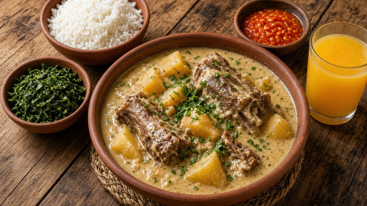 Panela de barro com vaca atolada: costela bovina no osso em ensopado cremoso com pedaços de mandioca e cheiro-verde, acompanhada de arroz, couve e suco de laranja