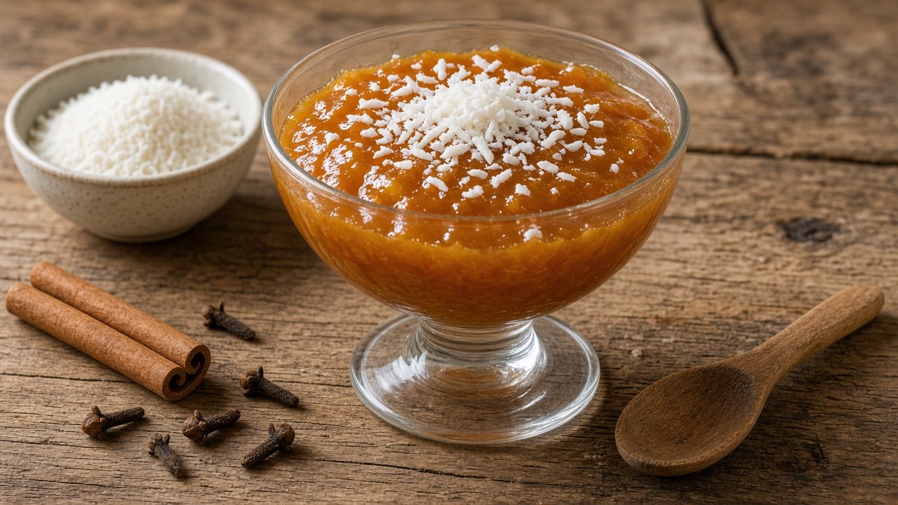Doce de abóbora cremoso cor de âmbar com coco ralado em taça de vidro, decorado com coco em flocos, com paus de canela, cravos, tigela de coco ralado e colher de pau sobre mesa de madeira rústica