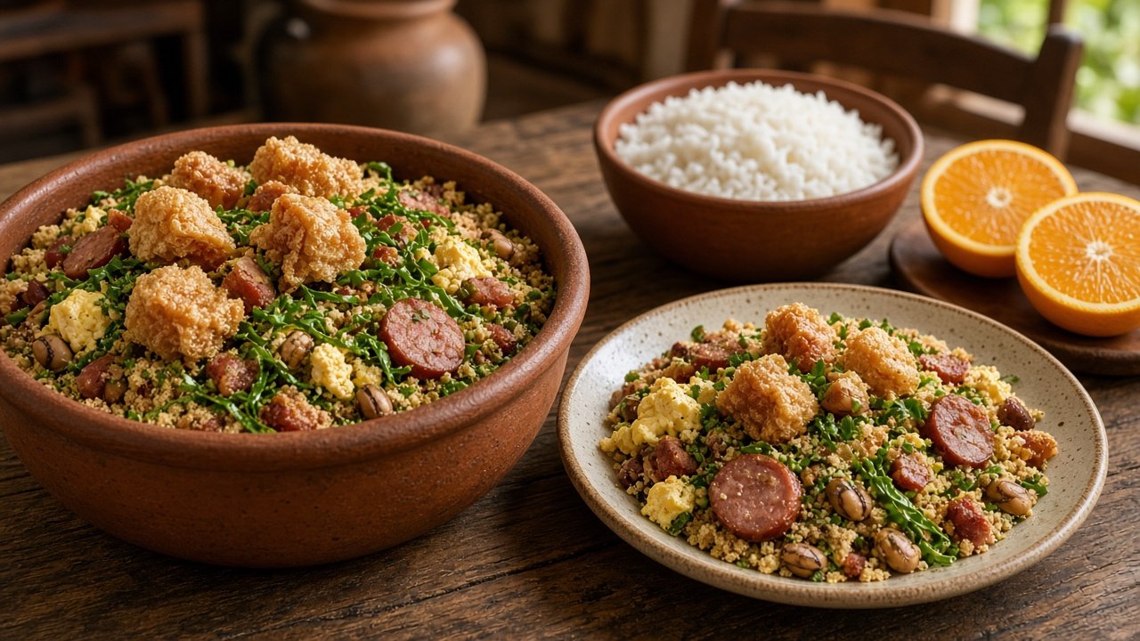 Feijão tropeiro com linguiça, torresmo, ovos e couve em tigela de barro e em um prato, com arroz e laranja ao lado (imagem ilustrativa gerada por IA)