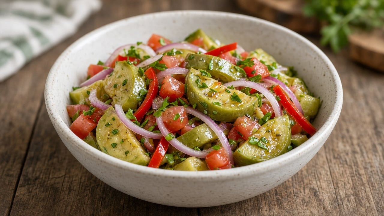 Salada de jiló à mineira em tigela de cerâmica branca, com gomos de jiló cozido, cebola roxa, tomate, pimentão vermelho e cheiro-verde, sobre mesa de madeira