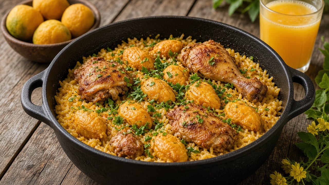 Panela de ferro com arroz amarelo cozido com caroços de pequi e pedaços de frango dourados, salpicado de cheiro-verde, sobre mesa de madeira