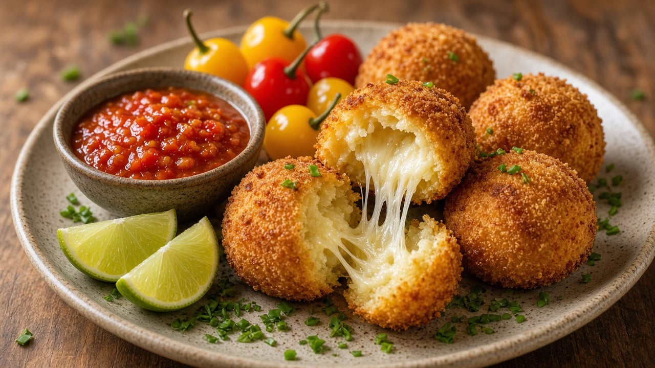 Bolinhos de mandioca empanados e dourados num prato de cerâmica, um deles aberto mostrando o queijo derretido, ao lado de molho de pimenta, pimentas-biquinho e gomos de limão