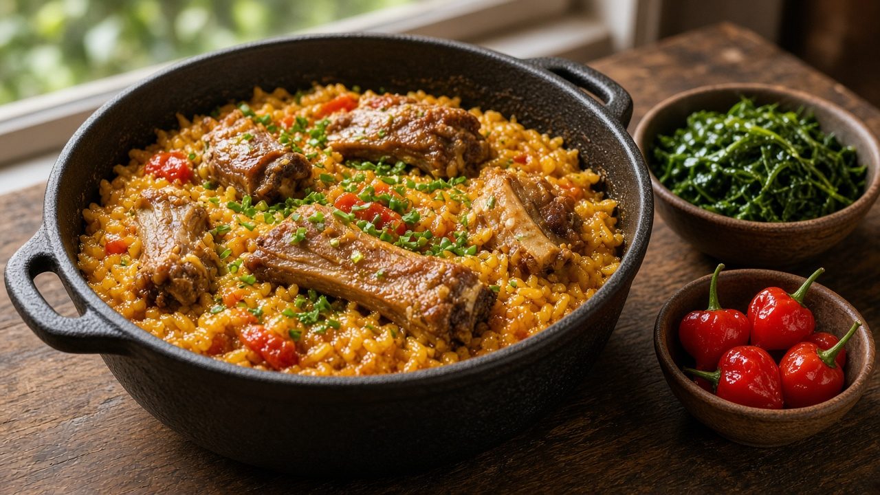 Arroz com suã servido em panela de ferro, com pedaços de espinhaço de porco, tomate e cheiro-verde, ao lado de couve refogada e pimentas-biquinho