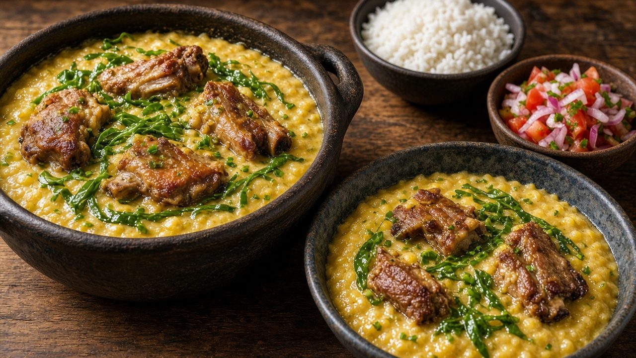 Canjiquinha cremosa com pedaços de costelinha de porco dourada e tiras de couve, servida em panela de barro e prato fundo, com arroz branco e salada de tomate e cebola ao fundo