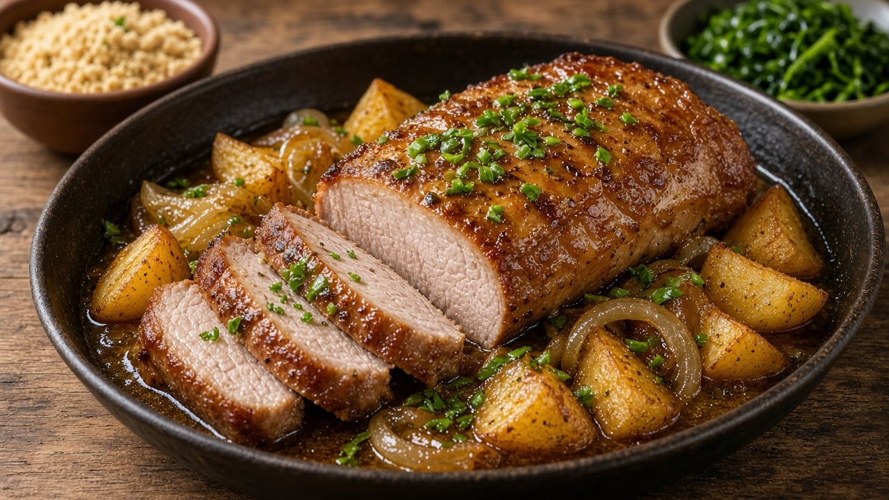 Lombo de porco assado inteiro e dourado, com algumas fatias cortadas, em assadeira escura com batatas, cebola e cheiro-verde