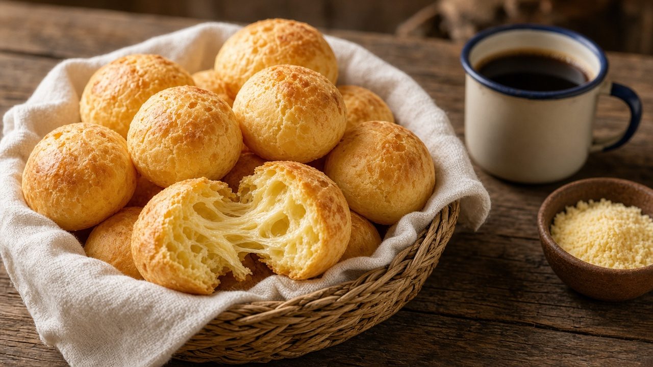 Pães de queijo dourados numa cesta de palha forrada com pano, um deles aberto mostrando o miolo elástico, ao lado de uma caneca de café e uma tigelinha de queijo ralado
