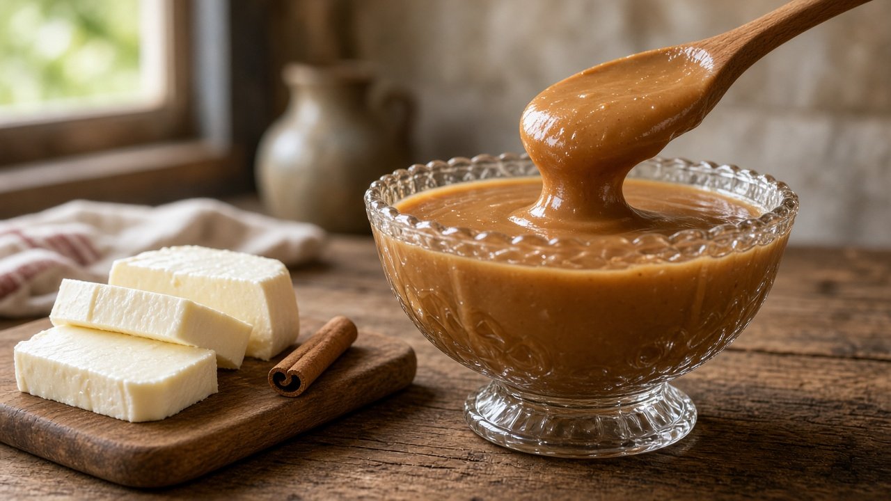 Doce de leite cremoso cor de caramelo numa compoteira de vidro, com colher de pau escorrendo o doce, fatias de queijo minas e um pau de canela sobre tábua de madeira