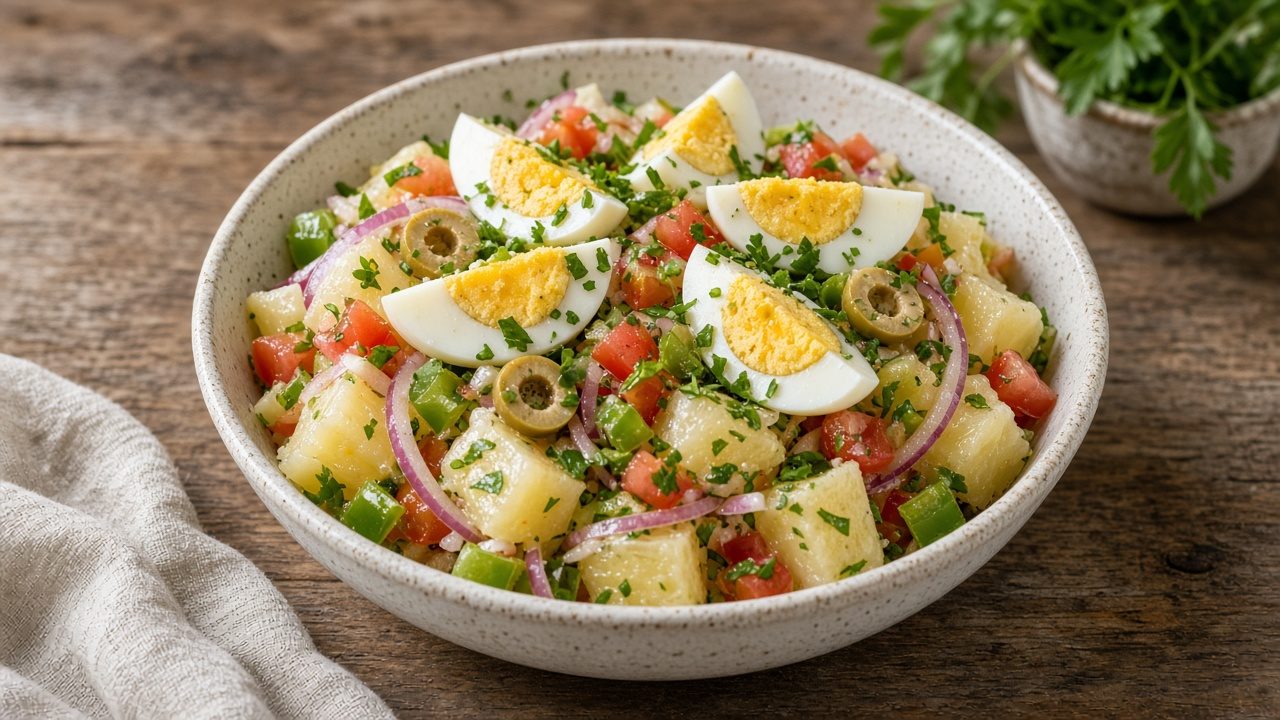 Tigela de cerâmica com salada de mandioca em cubos, cebola roxa, tomate, pimentão, azeitonas, ovos cozidos e cheiro-verde sobre mesa de madeira