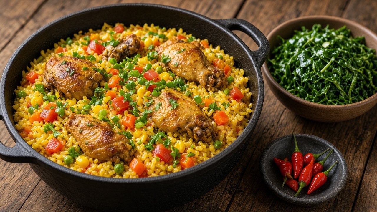 Panela de ferro com galinhada: arroz amarelo de açafrão-da-terra com pedaços de frango dourado, milho, ervilha, cenoura e cheiro-verde, ao lado de salada de couve e pimentas vermelhas