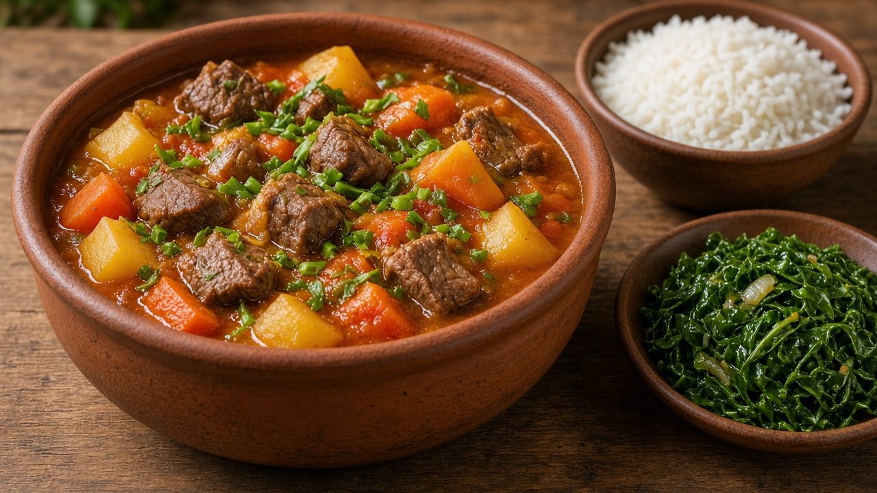 Picadinho de carne em cubos com batata e cenoura no molho de tomate, servido em tigela de barro, com tigelas de arroz branco e couve refogada ao lado