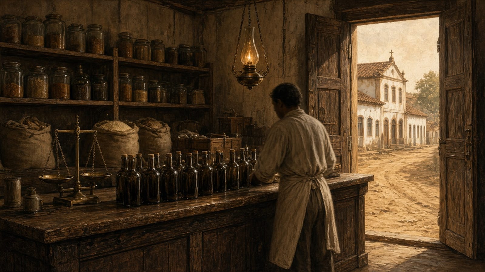 Armazém de 1905 com garrafas escuras de cerveja no balcão de madeira e comerciante de avental visto de costas