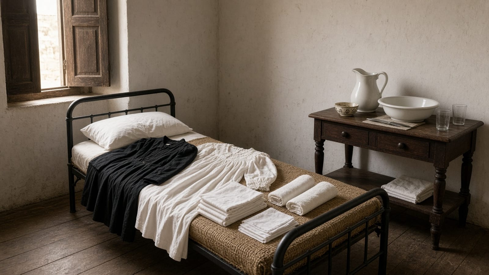 Quarto de internato do fim do século 19, com cama de ferro coberta por um vestido preto de merinó, um vestido branco, camisas e lenços dobrados, e ao lado um lavatório de madeira com jarro, bacia de louça e dois copos