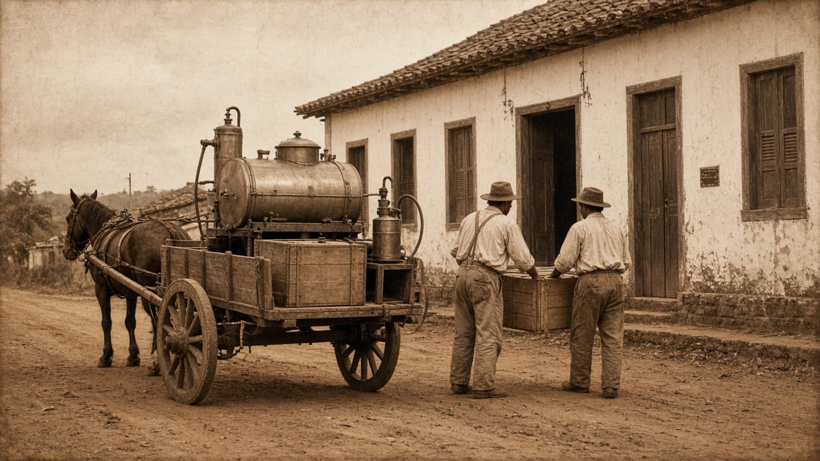 Ilustração de época: carroça puxada a cavalo, com caixotes de madeira, uma estufa de desinfecção e um pulverizador de metal, parada diante de um prédio público colonial numa rua de terra; dois trabalhadores de costas descarregam um caixote.