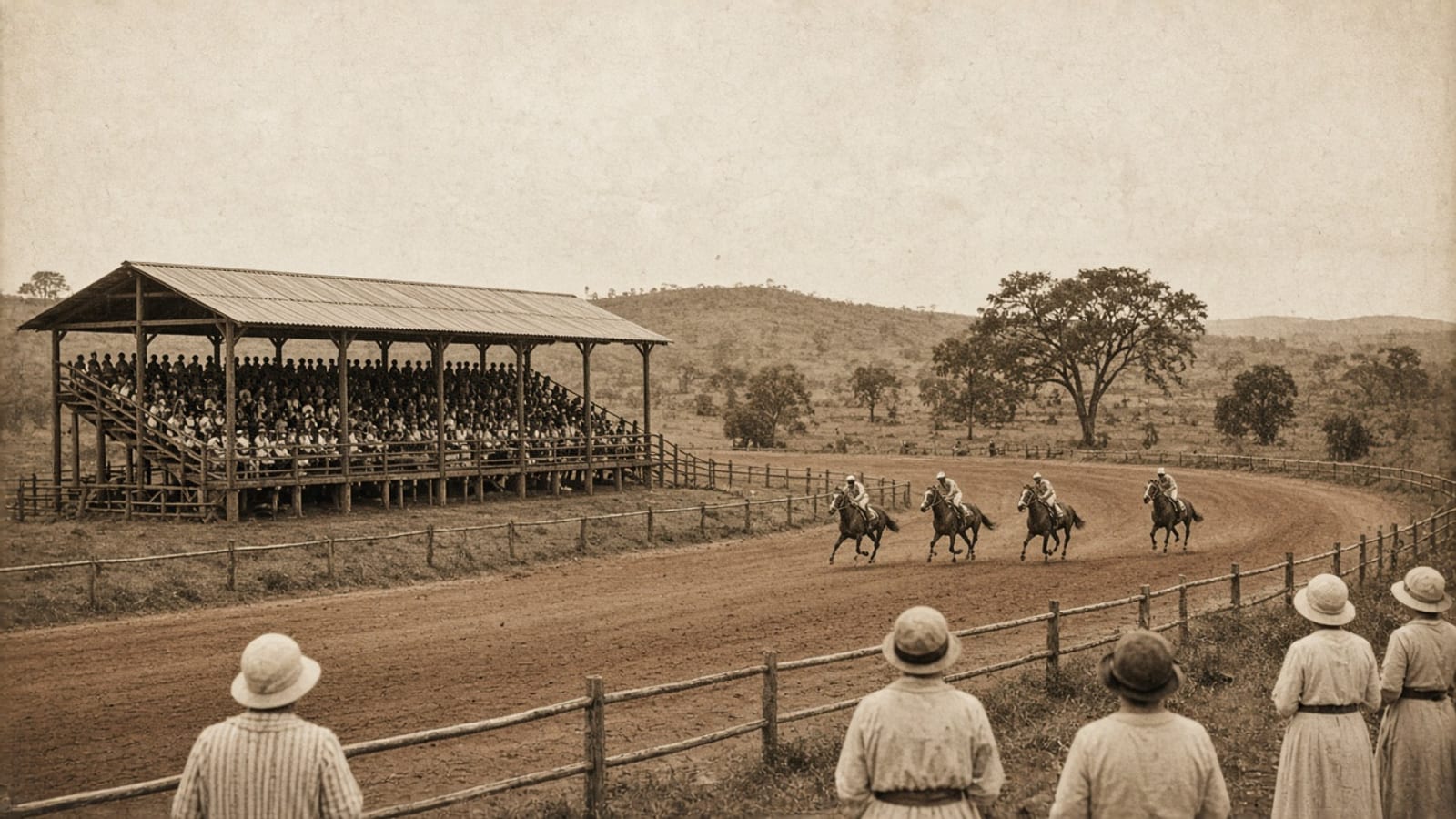 Ilustração de um prado de corridas no alto de um morro no fim dos anos 1920, com arquibancada de madeira coberta, cavalos e jóqueis na pista de terra vermelha e senhoras de chapéu assistindo junto à cerca