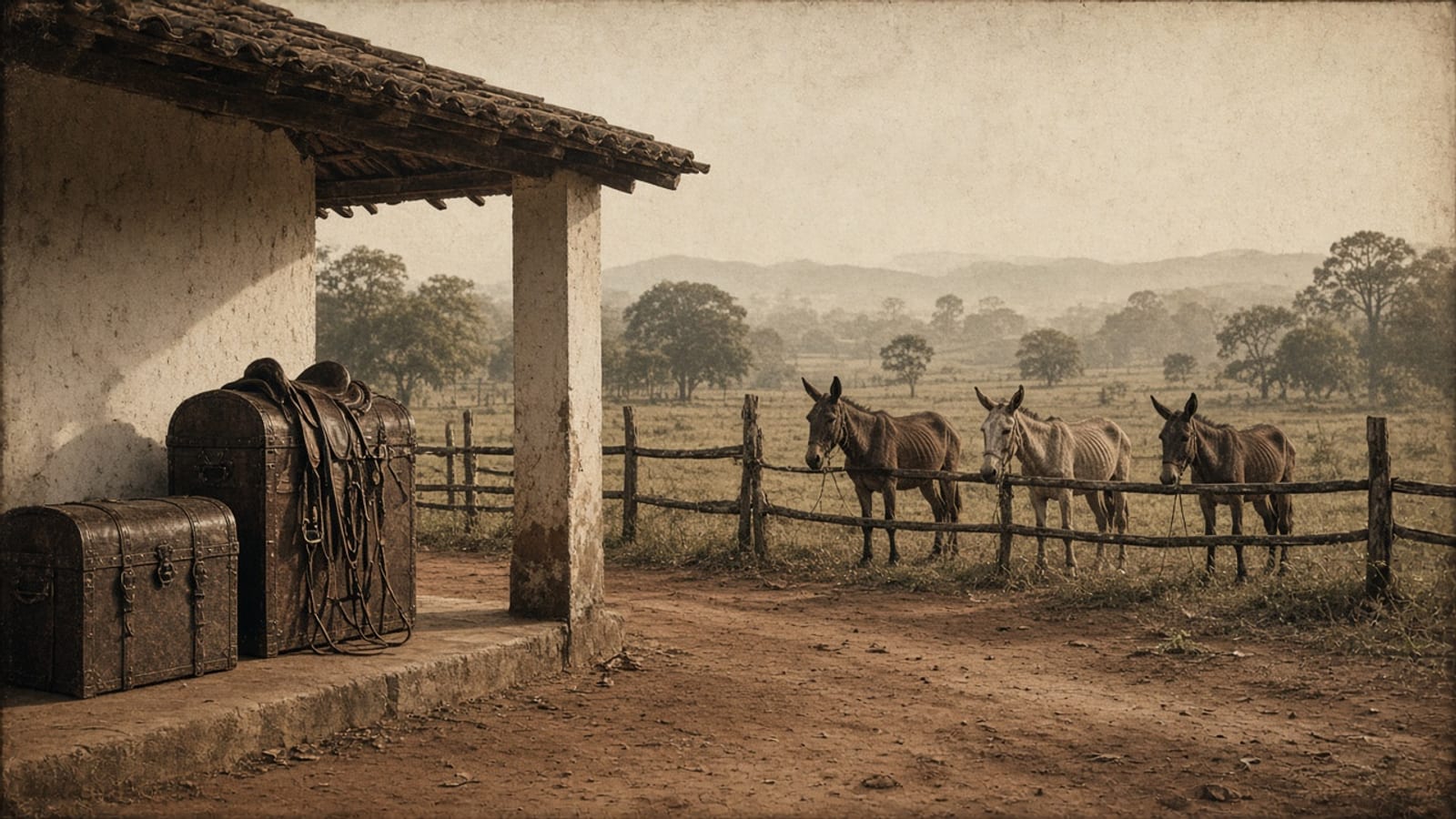 Ilustração de época: duas canastras de couro e arreios guardados sob a varanda de uma pousada rústica, com três burros magros amarrados à cerca do pasto ao fundo.