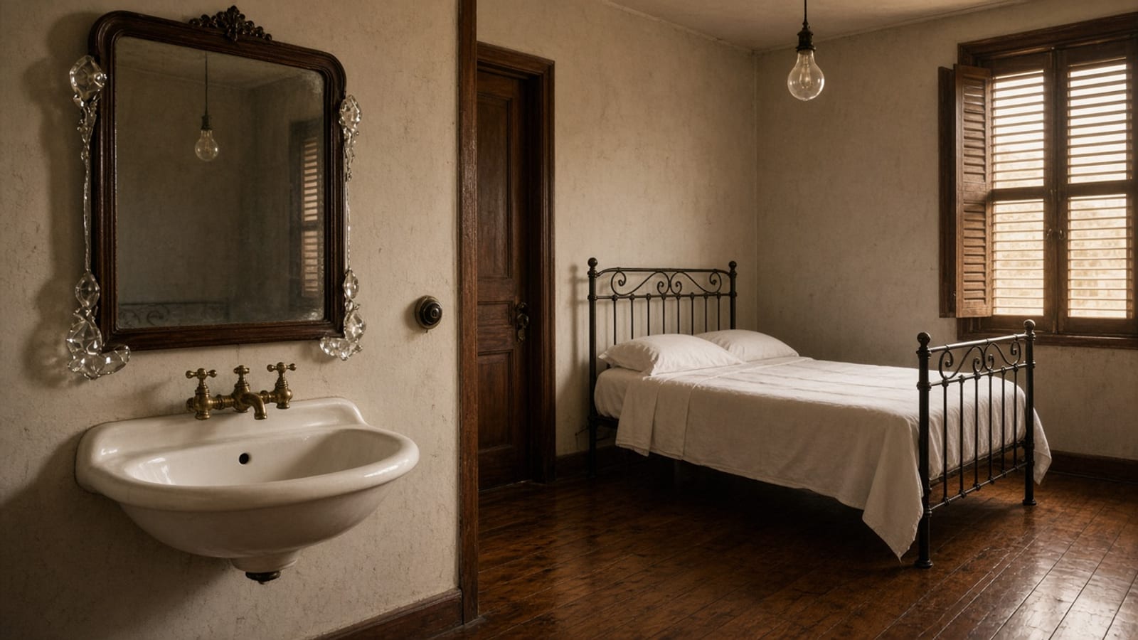 Ilustração de um quarto de hotel de 1929, com pia de louça e torneira de metal, espelho de moldura de madeira, lâmpada pendurada no teto, cama de ferro com lençóis brancos e assoalho de madeira encerado