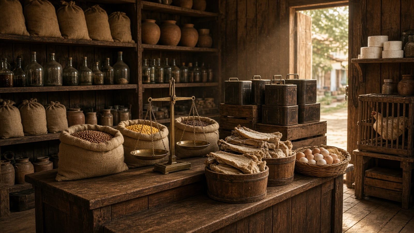Interior de um armazém de secos e molhados por volta de 1900, com sacos de feijão e milho, latas de querosene, tinas de bacalhau, balança de pratos, queijos, ovos e um frango numa gaiola