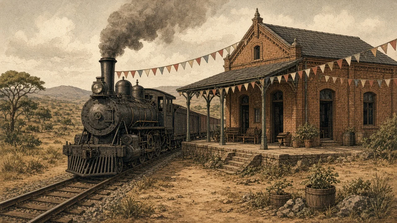 Ilustração de época de locomotiva a vapor chegando a pequena estação de tijolos enfeitada, com cerrado ao fundo