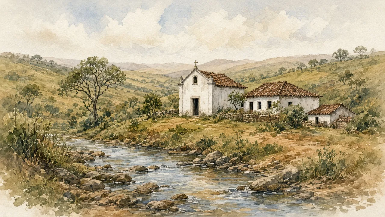 Aquarela de colinas do cerrado no início do século XIX com pequena capela branca de taipa, casas coloniais e córrego