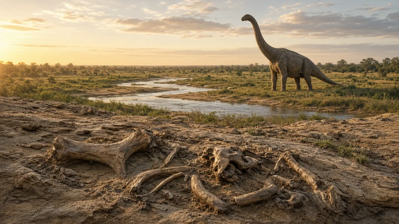 Representação realista de titanossauro em planície fluvial do Cretáceo ao entardecer, com ossos fósseis em arenito em primeiro plano