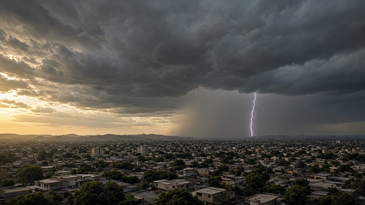 Nuvens escuras de tempestade sobre uma cidade vista de longe, com um raio e uma faixa de chuva no horizonte
