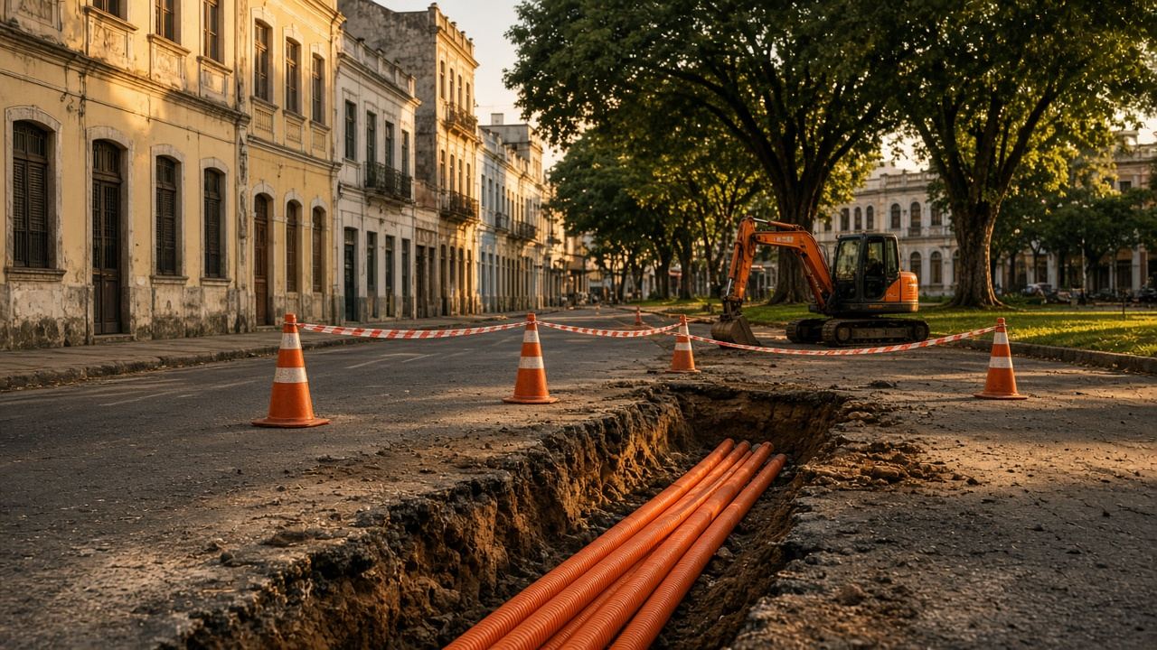 Ilustração de rua do centro com vala aberta, tubos de cabos elétricos e cones de sinalização