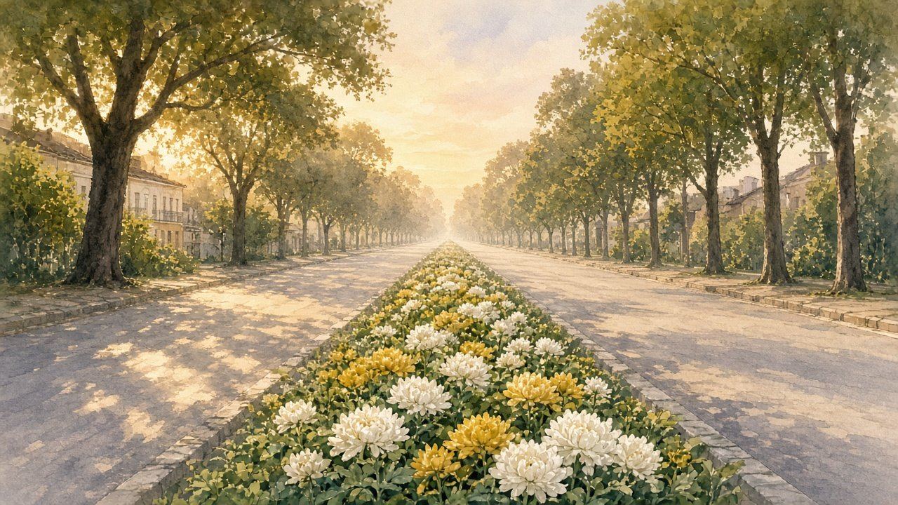 Ilustração em aquarela de uma avenida arborizada ao amanhecer, com canteiro central de flores brancas e amarelas e calçadas vazias