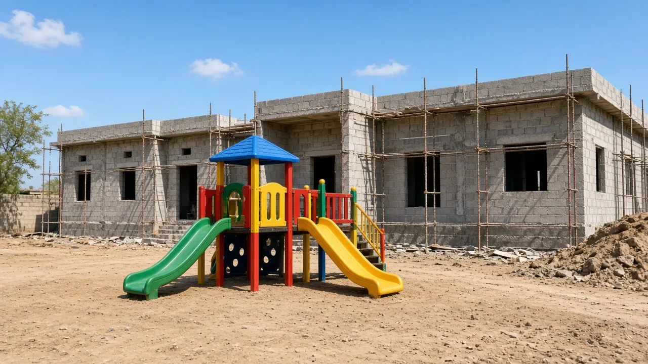 Prédio escolar térreo inacabado, com andaimes e paredes de bloco aparente, e um parquinho infantil colorido em primeiro plano