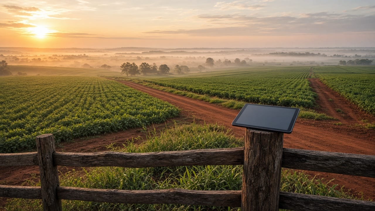 Ilustração de uma lavoura vista do alto ao amanhecer, com estrada de terra vermelha e um tablet de tela apagada apoiado em uma cerca de madeira