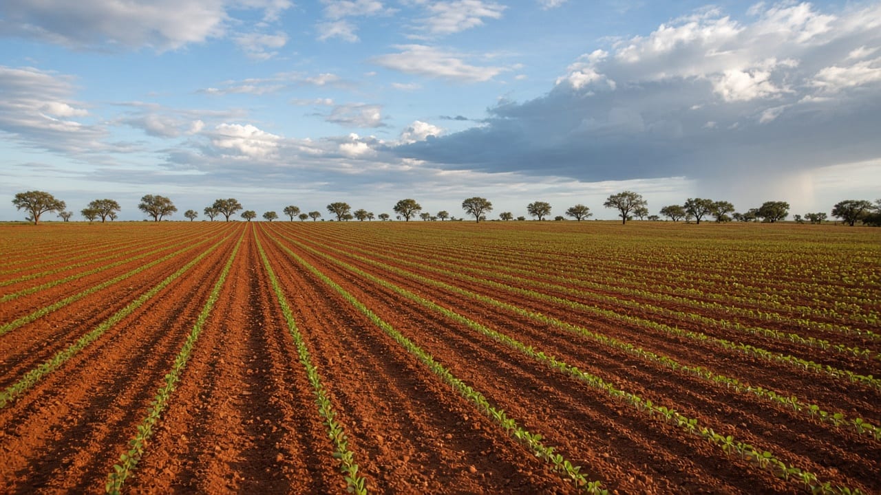 Lavoura de soja recém-plantada, com fileiras de plantas jovens sobre o solo vermelho do Cerrado, árvores esparsas no horizonte e nuvens de chuva no céu