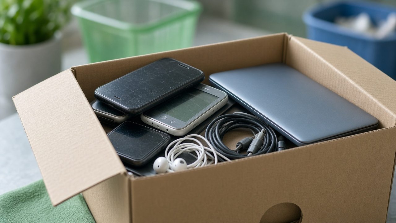 caixa de papelão aberta com celulares antigos, notebook, fones e cabos