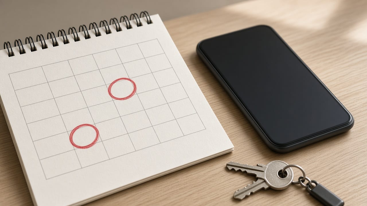 Ilustração de um calendário de mesa com os dias 30 e 2 circulados, ao lado de um celular com a tela em branco e um molho de chaves, sobre fundo neutro