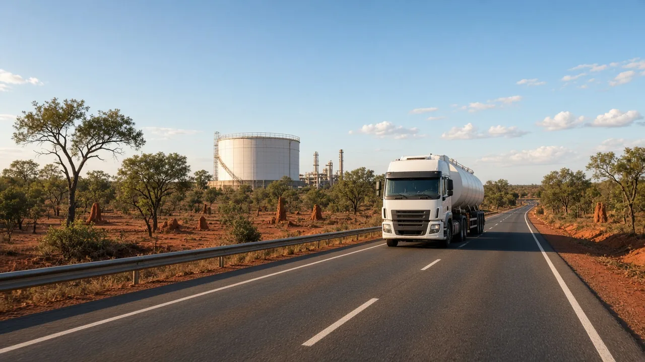 Rodovia de pista dupla no cerrado com caminhão-tanque genérico e tanque industrial de gás ao fundo