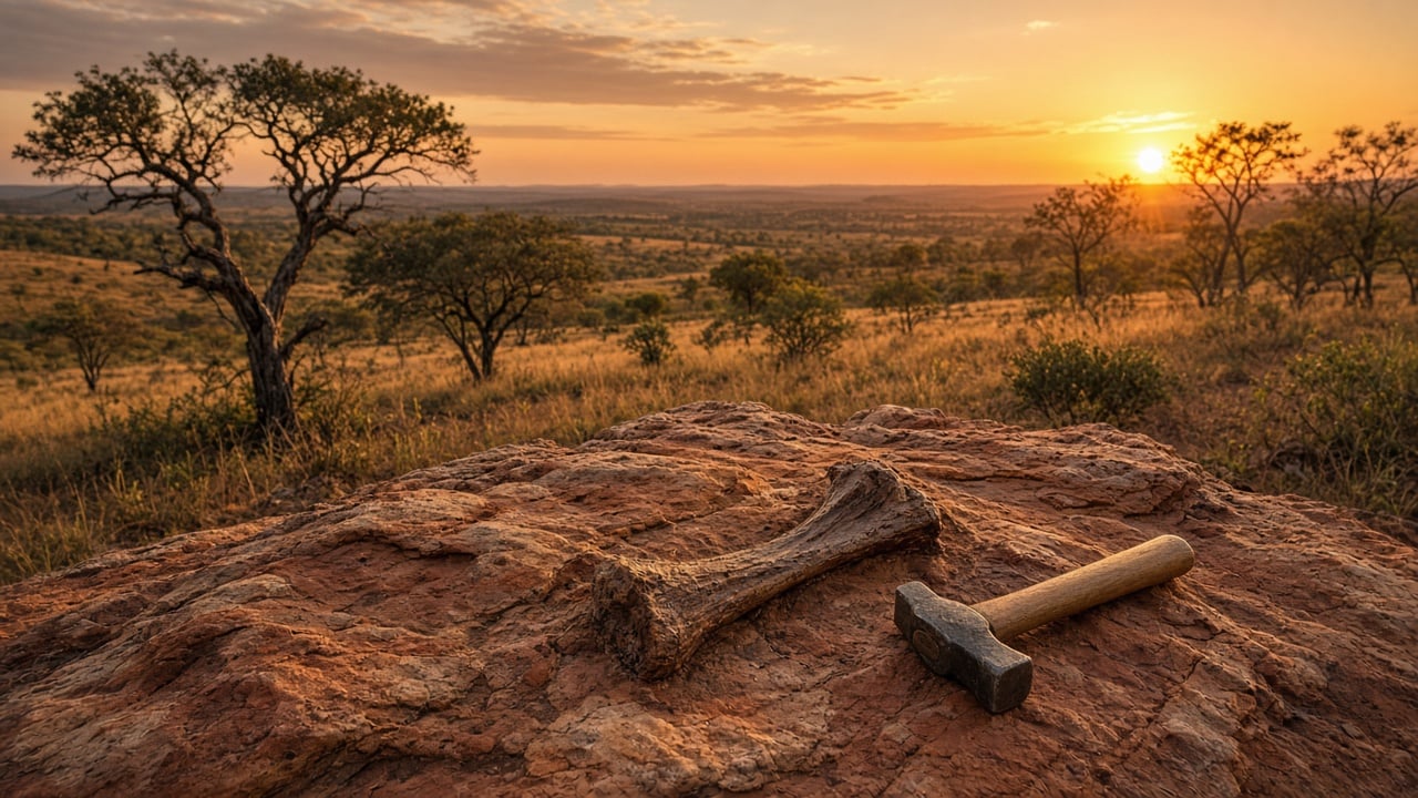 Paisagem de cerrado ao entardecer com um osso fóssil sobre uma rocha avermelhada e um martelo de geólogo ao lado