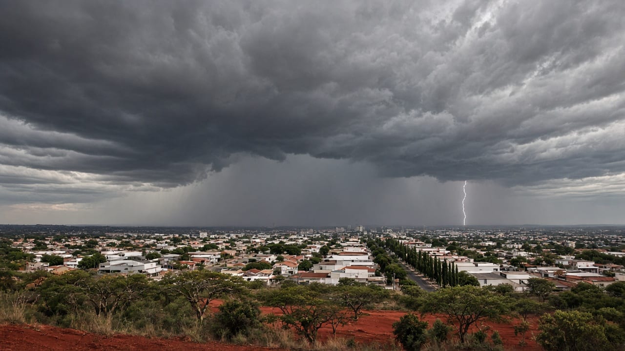 Nuvens escuras de tempestade sobre bairros de uma cidade do interior, com cerrado e terra vermelha em primeiro plano, chuva caindo ao longe e um raio no horizonte