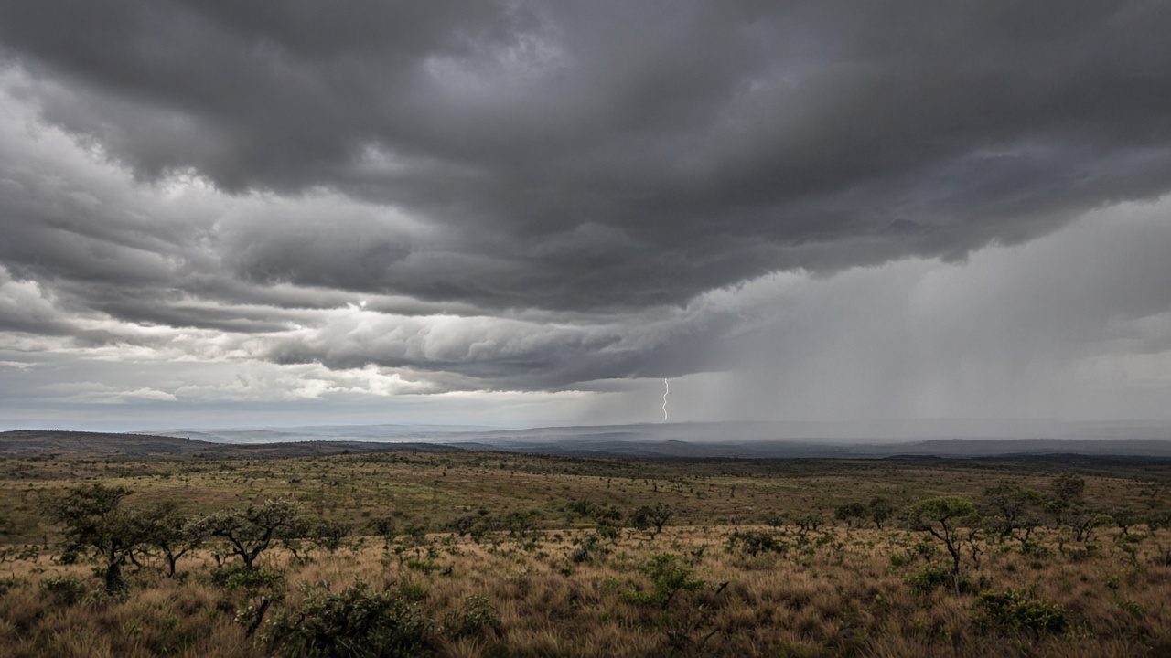 céu carregado de nuvens escuras sobre campo de cerrado, com chuva ao longe