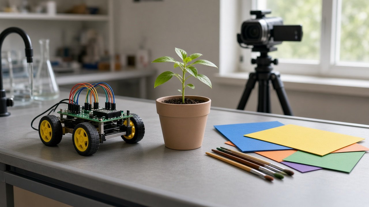 Bancada de laboratório escolar com kit de robótica, muda de planta em vaso, cartolinas coloridas e câmera em tripé