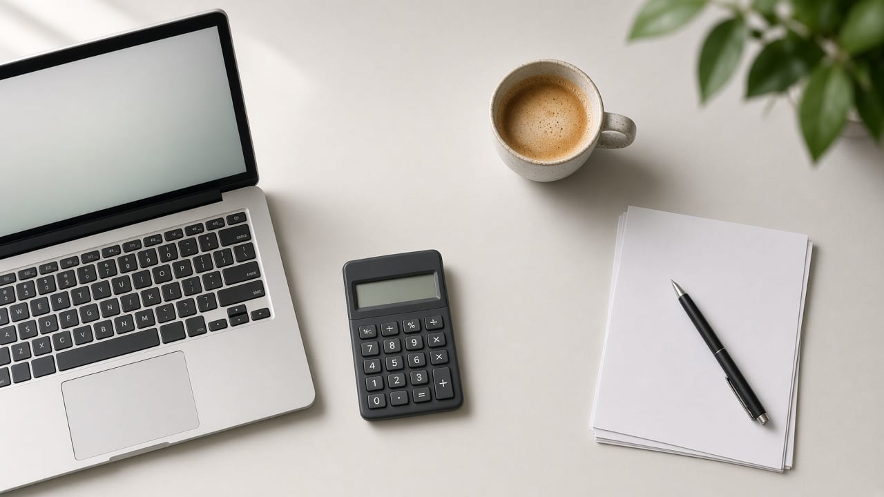 Mesa de escritório vista de cima com notebook, calculadora, xícara de café e folhas em branco com uma caneta
