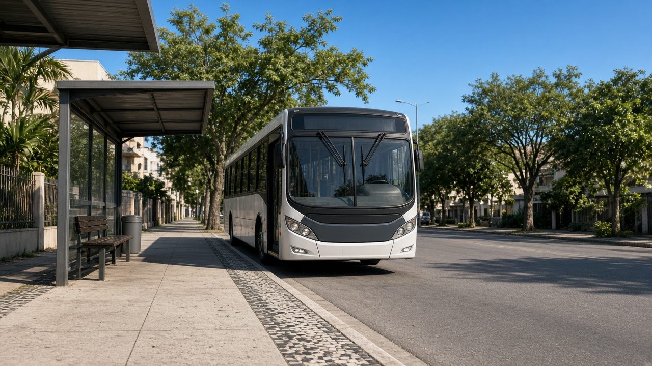 Ilustração de um ônibus urbano genérico parado em um ponto de rua arborizada, em uma manhã de domingo ensolarada