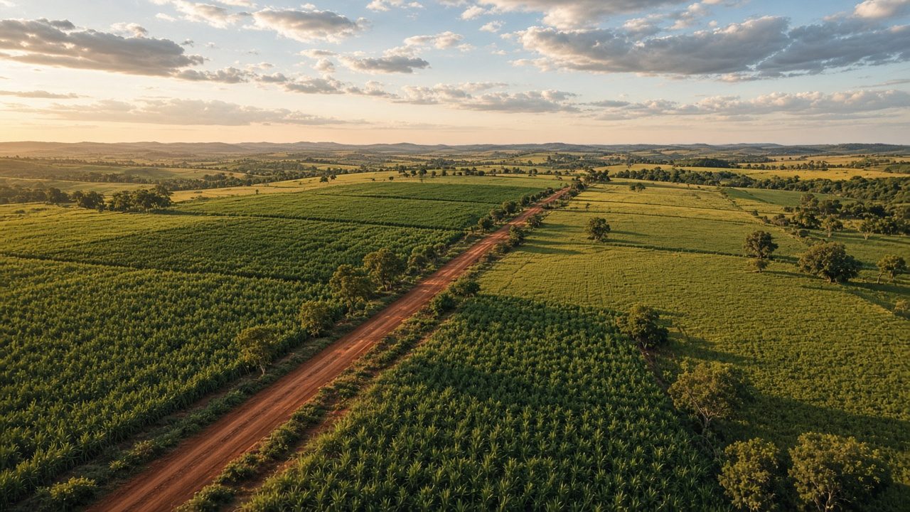 Vista aérea de fim de tarde de lavouras no cerrado, com faixas de canavial verde-escuro ao lado de talhões de soja e uma estrada de terra