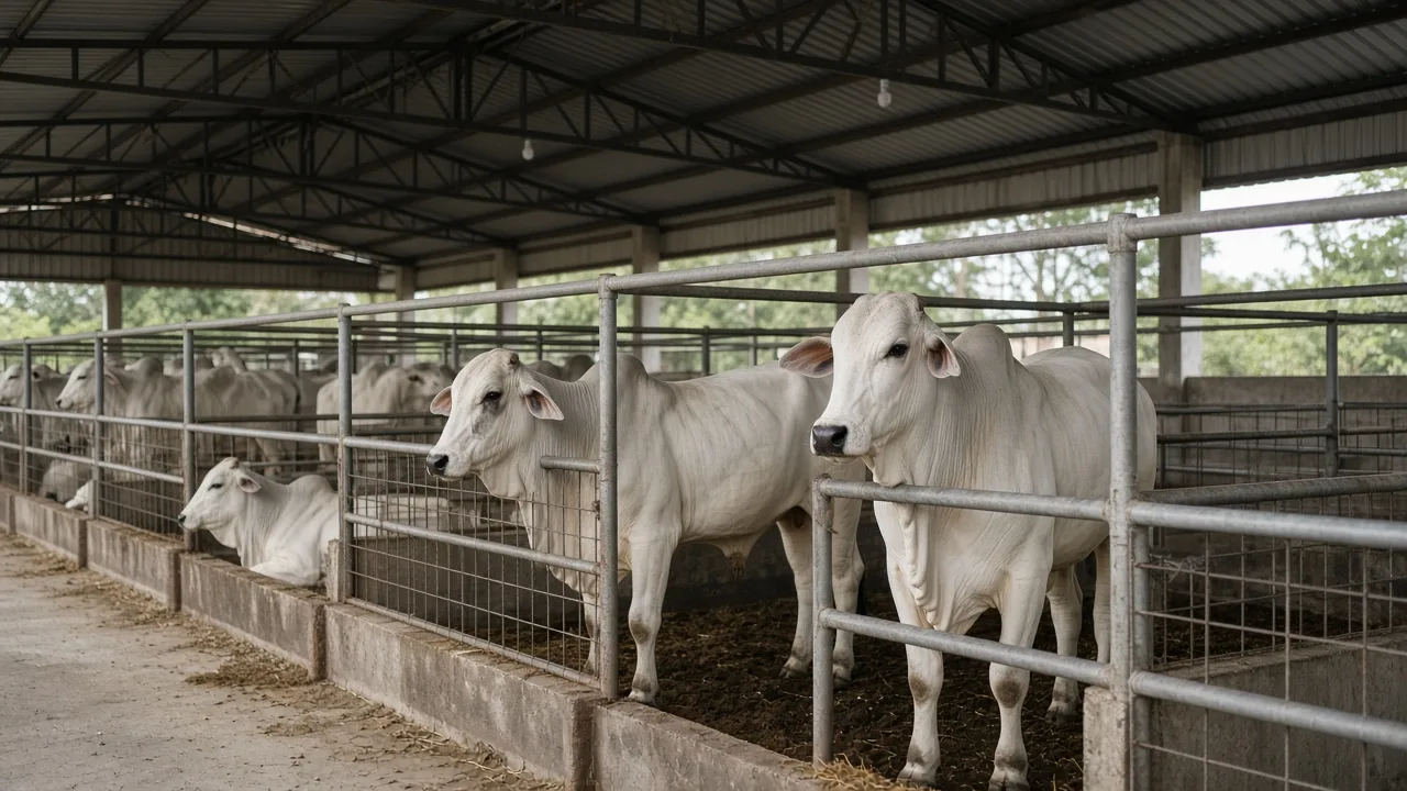 Bovinos zebuínos brancos da raça Nelore em baias de um pavilhão coberto de exposição agropecuária