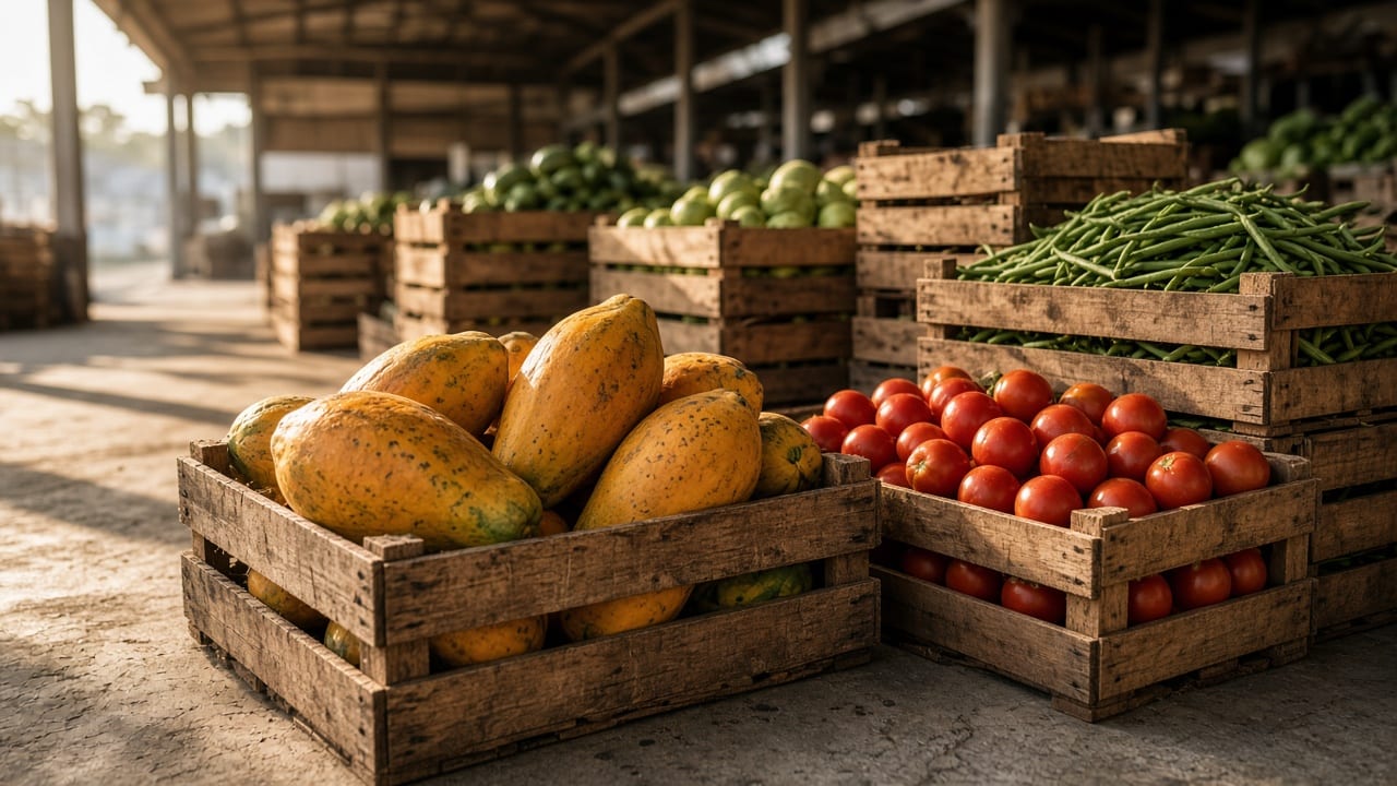 Ilustração de caixas de madeira com mamões, tomates e vagens empilhadas em um galpão de atacado com luz da manhã