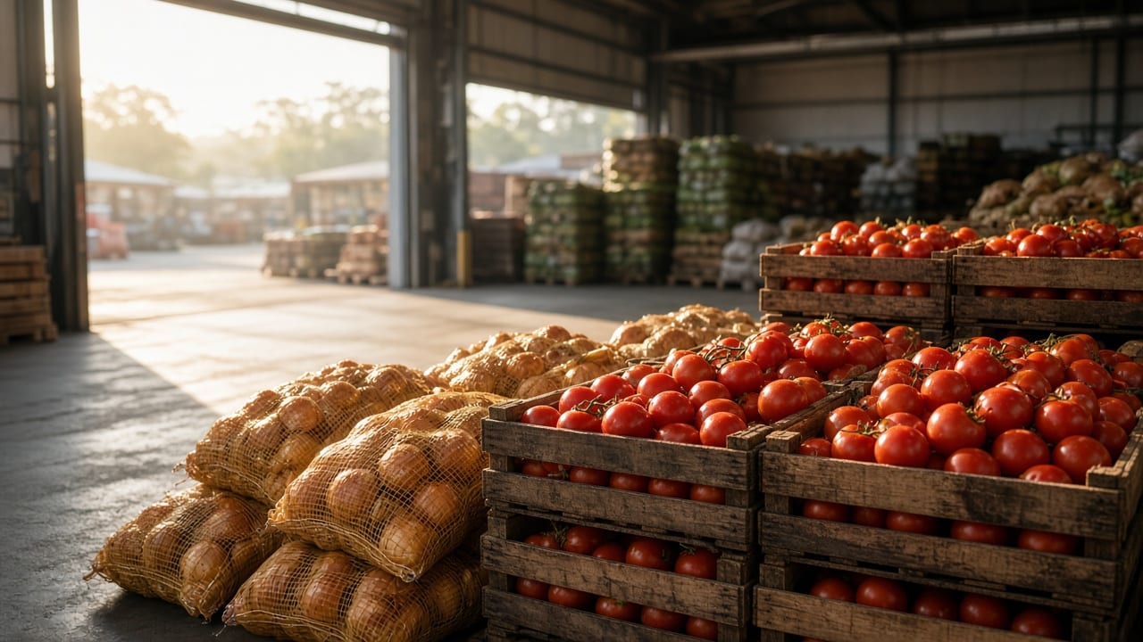 Caixas de madeira cheias de tomates vermelhos e sacos de cebola empilhados em um galpão de atacado, com luz da manhã entrando pelos portões