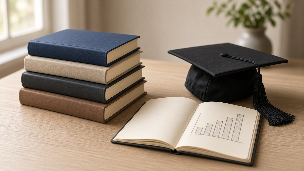 Pilha de livros de capa dura ao lado de um capelo de formatura e de um caderno aberto com um gráfico de barras crescente desenhado à mão, sobre mesa de madeira clara