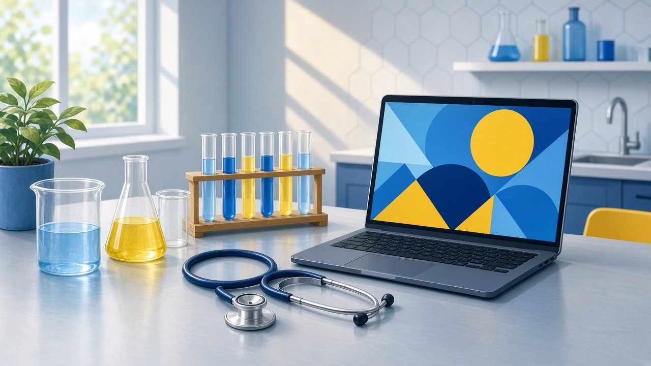 Ilustração de uma bancada de laboratório escolar com vidrarias, um estetoscópio e um notebook aberto com formas geométricas coloridas na tela