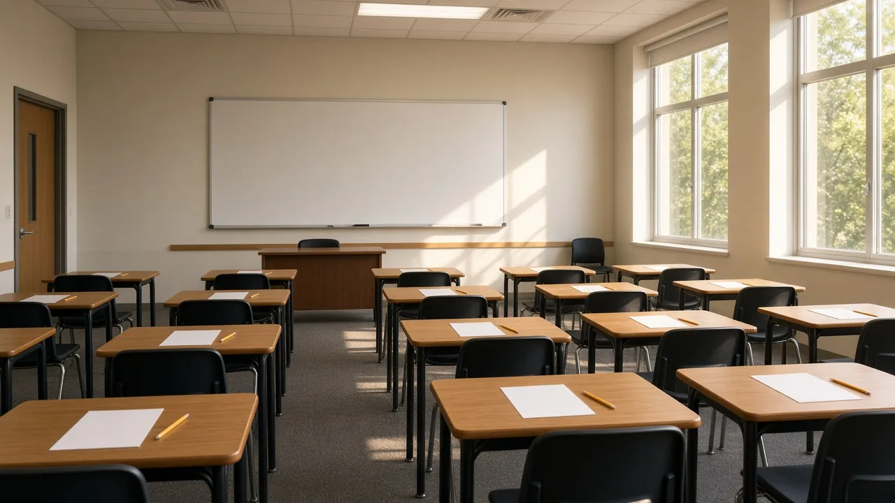 Sala de aula vazia com carteiras e folhas de prova (imagem ilustrativa gerada por IA)