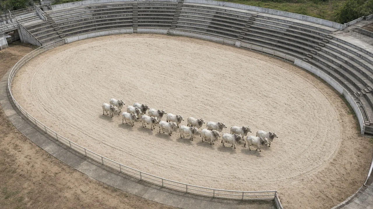 Vista aérea de pista de julgamento de areia clara com bovinos zebuínos brancos e cinza e arquibancadas vazias