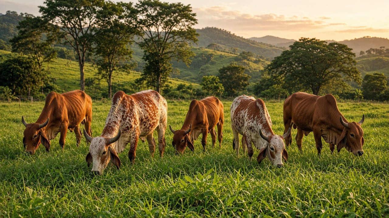 Cinco vacas zebuínas de pelagem vermelha e chitada, com orelhas longas e pendentes e chifres curvos, pastando em pasto verde ao entardecer, com árvores e morros ao fundo